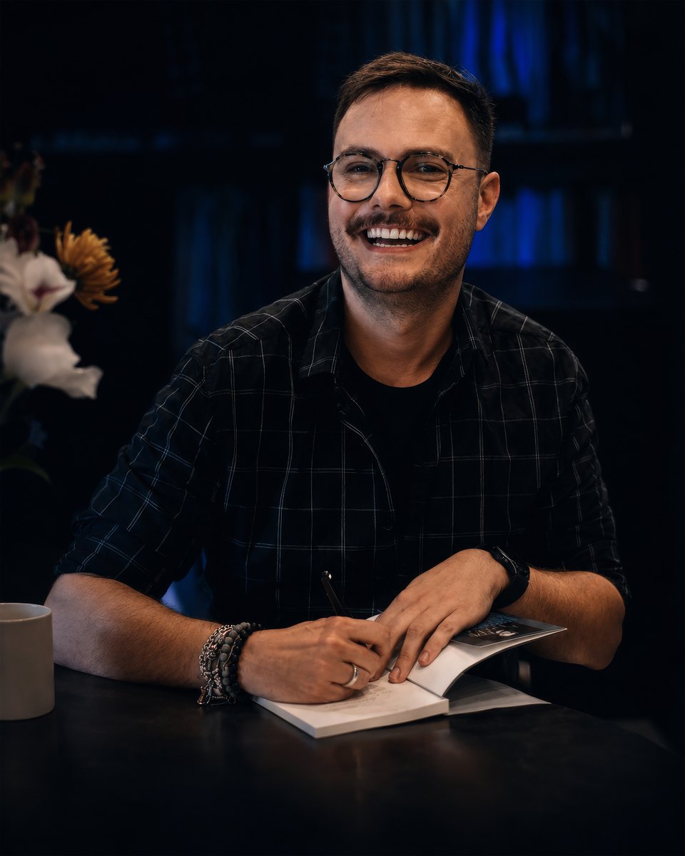 Enrico Pierro sorrindo de óculos, assinando um livro aberto sobre a mesa.