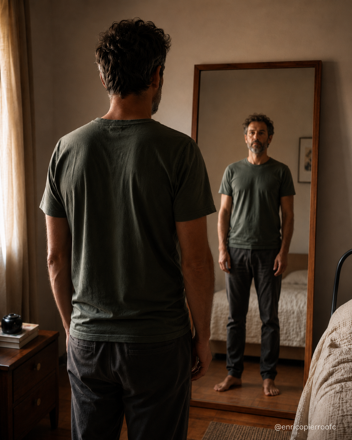homem de costas em frente a um espelho de corpo inteiro, com o reflexo mostrando seu rosto, em um quarto simples com luz da manhã