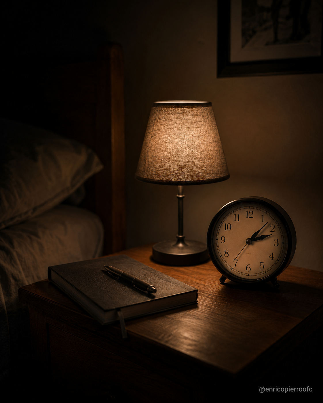 mesa de cabeceira à noite com um relógio marcando depois das duas, luz fraca de abajur contra um quarto escuro